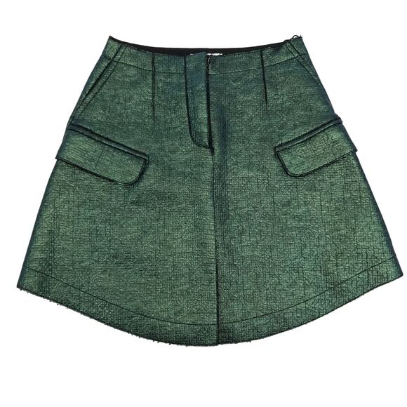 Carven Cargo Mini Skirt Size 38 Textured Green Metallic Curved Hem - Picture 2 of 10